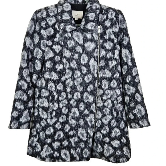 Loft Womens Gray‎ Leopard Spotted Moto Coat Asymmetric Zip Wool Blend size SP - Picture 4 of 11